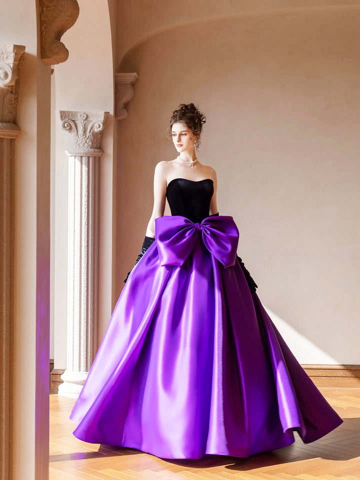 Luolandi Velvet and Satin Long Prom Dress Beautiful A-Line Strapless Party Dress wit Bow Without gloves